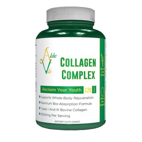 AlcheVita Multi-Collagen Capsule Hydrolyzed Protein Powder Supplement - 3,000mg, 120 Count Pills - Collagen Peptides with Aloe Vera Extract - Supports Healthy Skin, Nails, Hair, Joints