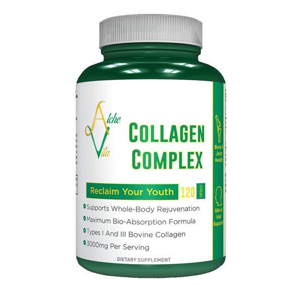 AlcheVita Multi-Collagen Capsule Hydrolyzed Protein Powder Supplement - 3,000mg, 120 Count Pills - Collagen Peptides with Aloe Vera Extract - Supports Healthy Skin, Nails, Hair, Joints