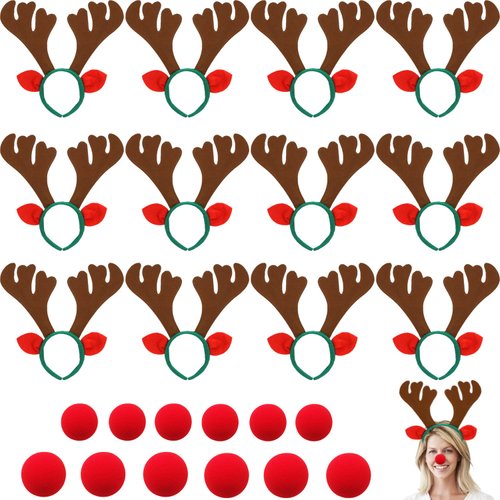 Tiaiidi 12 PCS Christmas Reindeer Antlers Headband,Reindeer Antlers Hair Hoops,Antler Headband with Ears and Red Noses for Adults Kids,Christmas Holiday Party Favors