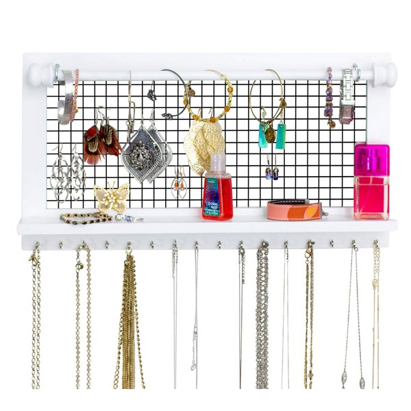 SoCal Buttercup White Jewelry Organizer with Removable Bracelet Rod from Wooden Wall Mounted Holder for Earrings Necklaces Bracelets and Other Accessories