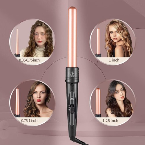 5-in-1 Curling Iron Wand Set, Curling Wand with 5 Pcs Interchangeable Ceramic Barrels (0.35-1.25 Inch), with Heat Protective Glove and 2Clips - Ceramic Coated for Damage-Free Styling - Rose Gold