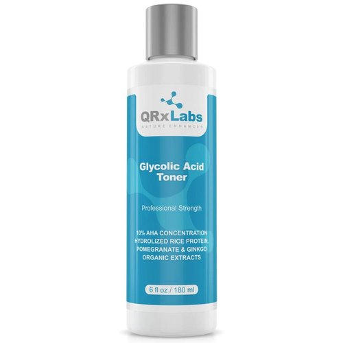 QRxLabs Glycolic Acid Toner - Exfoliating Anti-Aging Glycolic Acid Toning Solution for Face w/ 10% AHA, Witch Hazel, Hydrolyzed Rice Protein, Pomegranate & Ginkgo Biloba Extract - Anti Aging Toner