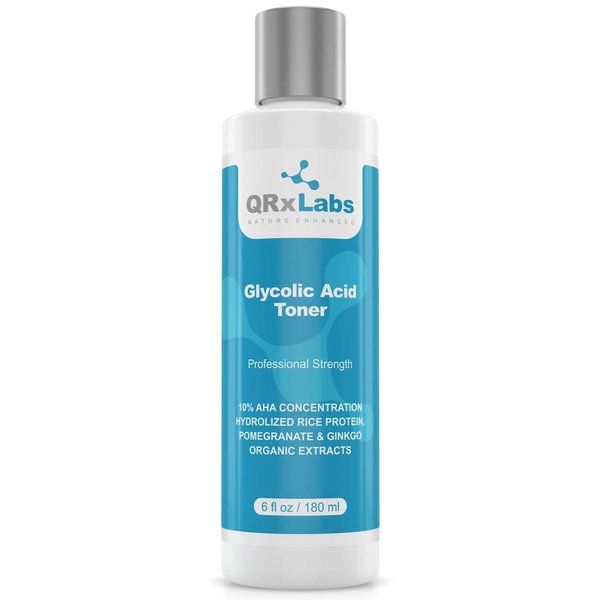 QRxLabs Glycolic Acid Toner - Exfoliating Anti-Aging Glycolic Acid Toning Solution for Face w/ 10% AHA, Witch Hazel, Hydrolyzed Rice Protein, Pomegranate & Ginkgo Biloba Extract - Anti Aging Toner