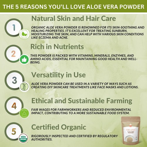 Organic Aloe Vera Powder for Skin & Hair – 8 oz. - Aloe Barbadensis - Nourishing Face Mask for Natural Beauty, USDA Certified Organic & Non-GMO