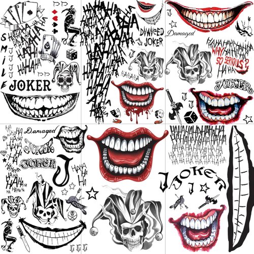 FANRUI 6 Sheets Joker Tattoos Halloween Face Makeup Kit, Halloween Joker Temporary Tattoos For Men Women Adults, Smile Face Clown Damaged Tattoo Joker Prisoner Cosplay Costumes And Party Accessories