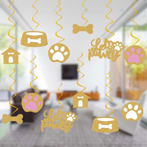Puppy Dog Party Decoration Let's Pawty Birthday Party Streamers Dog Paw Bday Party Hanging Swrils Decoration 24pcs Party Decor Banner Supplies, Assembled and Ready to Use