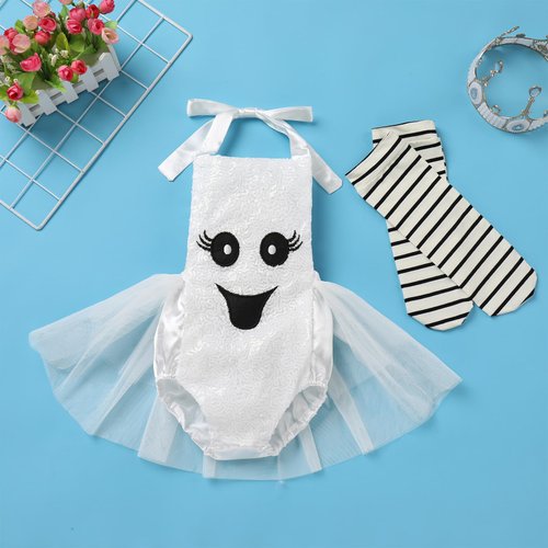 Newborn Baby Ghost Costume: Toddler Halloween Costumes Girls Ghost Romper Dress Up with Socks Infant My First Halloween Outfit Kids Cosplay October Themed Birthday Photoshoot White Ghost 12-18 Months