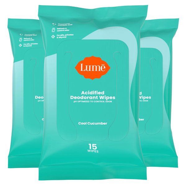 Lume Acidified Deodorant Wipes - 24 Hour Odor Control - Aluminum Free, Baking Soda Free, Skin Loving - Flushable - 15 Count (Pack of 3) (Cool Cucumber)