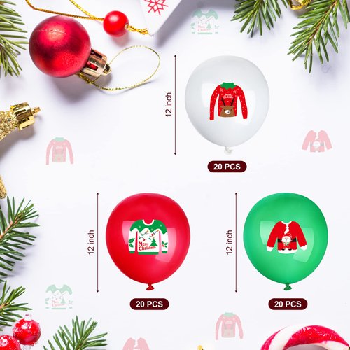 Zomiboo 60 Pcs Christmas Ugly Sweater Balloons 12 Inch Red Green White Xmas Latex Balloons for Lets Ugly Sweater Christmas Party Supplies Christmas Themed Party Winter Decorations