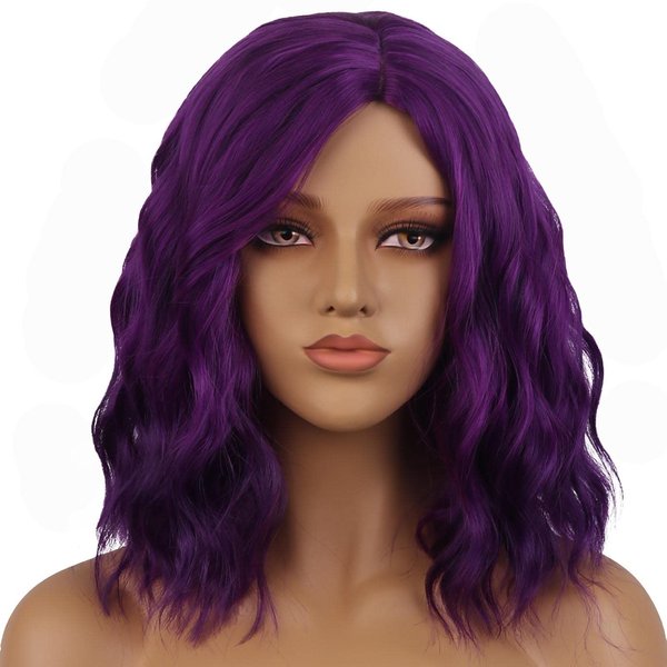 BERON 14" Women Girls Short Curly Wavy Bob Wig Rose Net with Wig Cap (Purple)