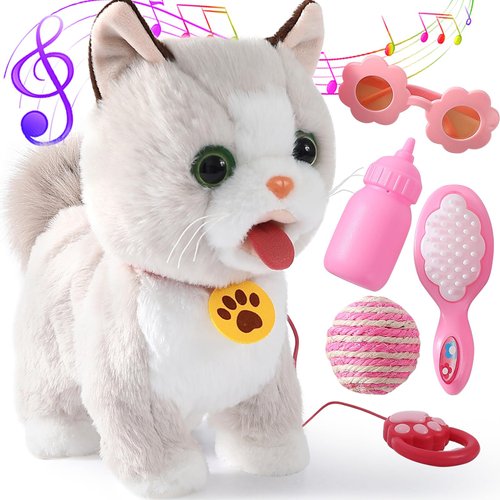 Walking Cat Set Interactive Talking Cat Toy Kitten Repeat What You Say Robot Cat Toy for Girl Singing Dancing Touch Control Cat with Leash Wagging Tail Nodding Plush Electric Ragdoll Kitty Cat for Kid
