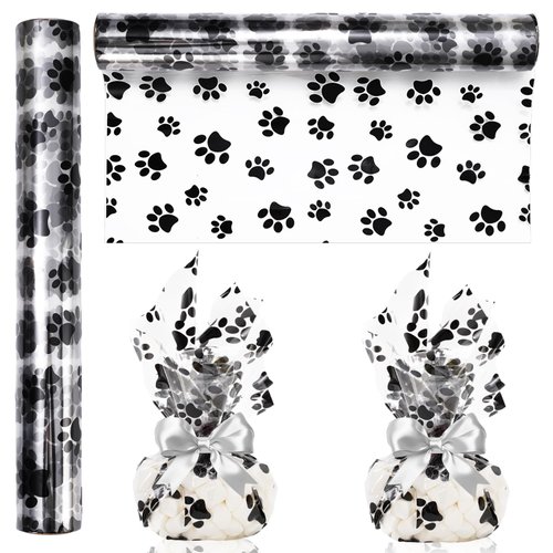 Whaline Paw Print Cellophane Wrap Roll 100ft x 16 In 2.5Mil White Black Cellophane Paper Crystal Clear Cello Wrapping Paper for Treats Gifts Basket Animal Pet Party Favor