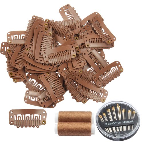 50pcs Wig Clips 32mm Snap Clips for Hair Extension 6-teeth Light Brown Color Hair Extensions Clip with Thread and Needles (Light Brown -50pcs)
