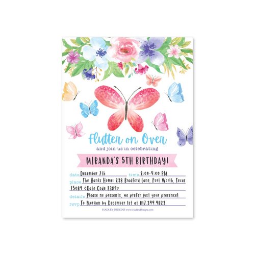 25 Watercolor Butterfly Floral Kid Party Invitations, Girl Boy Birthday Invite, Pastel Princess Boho Ribbon Rose Pink Gold Floral Vintage, Unique Whimsical Spring Flower Garden Bday Printable Template