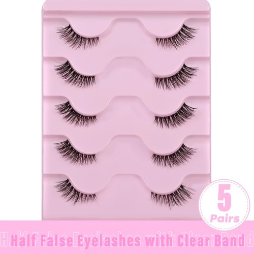 Half Lashes Fluffy 3/4 False Eyelashes Natural Look Wispy Clear Band False Cat Eye Lashes that Look Like Extensions Soft Handmade Reusable Half Eyelashes(5 Pairs Pack)