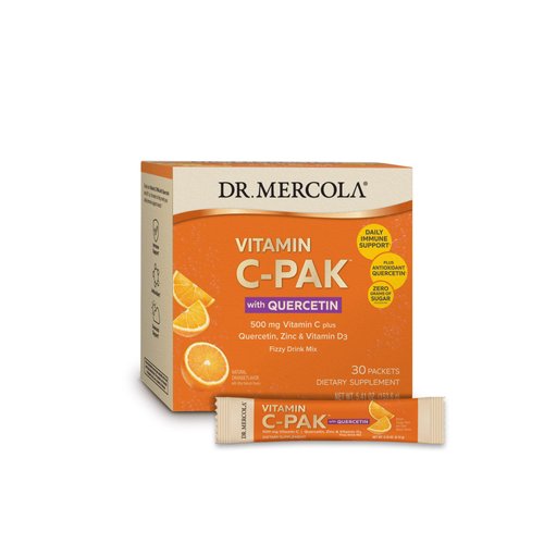 Dr. Mercola Vitamin C-Pak with Quercetin, 30 Servings (30 Packets), Fizzy Drink Mix, 500 mg Vitamin C, Zinc & Vitamin D3, Orange Flavor, Dietary Supplement, Immune Support, Non-GMO