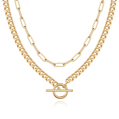MJartoria Layered Gold Necklace for Women, 14K Gold Plated Trendy Chunky Chain Necklace, Toggle Clasp Chain Paperclip Chain Adjustable Layering Chain Necklace for Women Girls Gold Jewelry Gifts