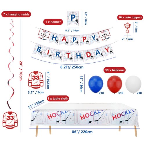 Hockey Birthday Party Supplies, Ice Hockey Themed HAPPY BIRTHDAY Banner, 7 Hanging Swirls, 1 Table Cloth, 10 Cake Toppers, 30 Balloons for Kids, Hockey Fans Birthday Party Decorations (Banner)