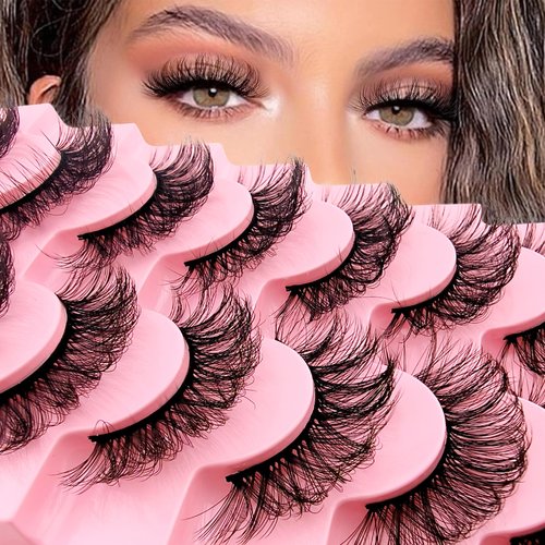 Russian Strip D Curl Lashes, Flu-ffy 18mm Fake Faux Mink Lashes that Look Like Extensions Curly Volume Wispy Eyelashes Natural Look 7 Pairs Pack(7P-E03)