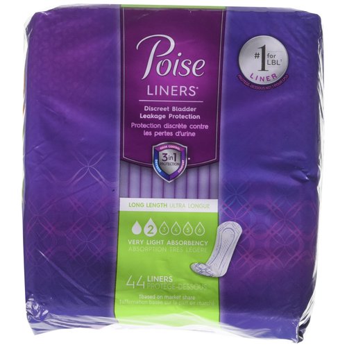 Poise Liners for Light Bladder Leakage, Long Length, Very Light Absorbency, 44 Count (Pack of 2)