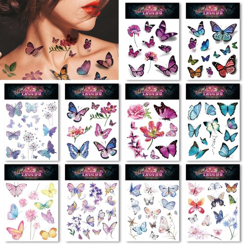 EMOME 120 Styles 3D Butterfly Tattoos Temporary Realistic for Adult Women, Colorful Butterfly Temporary Tattoos for Women, Fake Tattoos for Butterfly Birthday Decorations (15 Sheets)