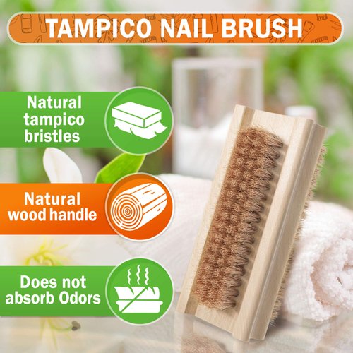 Konex Non-Slip Wooden Two-sided Hand and Nail Brush with Tampico Fiber Bristle. Fingernail brush with Beechwood body and Plant Based Fibers
