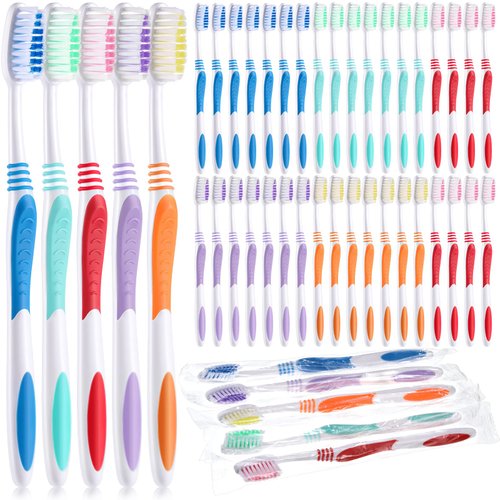 Newtay 100 Pieces Individually Wrapped Toothbrushes Manual Disposable Travel Toothbrush Medium Soft Bristle Tooth Brush Travel Toothbrushes for Hotel, Guest, Adults, Kids, Multi Color