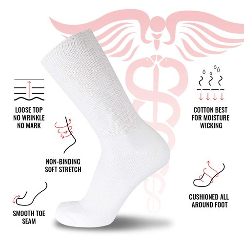 3 Pairs of Premium Cotton Loose Top Diabetic Neuropathy Crew Socks (10-13, Gray)
