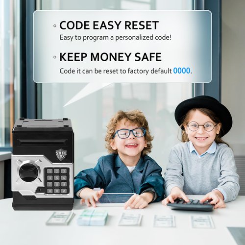ATM Piggy Bank for Boys Girls, Vcertcpl Mini ATM Coin Bank Money Saving Box with Password, Kids Safe Money Jar for Adults with Auto Grab Bill Slot, Great Gift Toy Bank for Kids (Black+Silver)