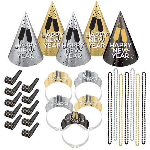 Amscan Party City New Year’s Eve 2025 Wearables and Noisemakers for 10 Guests, Party Supplies, Black, Gold and Silver, 30 Piece