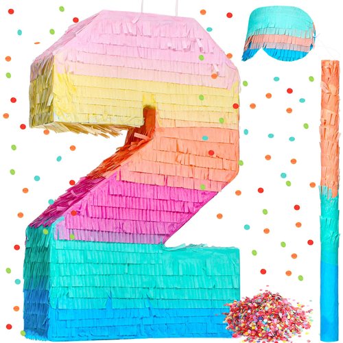 Jenaai 16 Inch Number Piñata Macaron Piñata Small Kids Birthday Party Piñata with Blindfold Stick and Confetti Small Piñata for Birthday Unicorn Birthday Wedding Baby Shower Decor(Number 2)