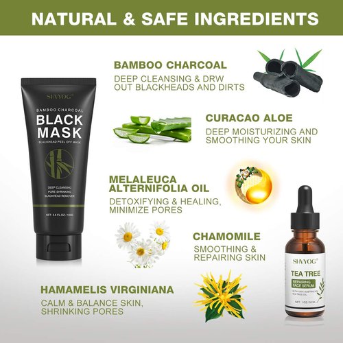 SHVYOG Blackhead Peel Off Face Mask, 3-in-1 Blackhead Remover Mask with Brush & Tea Tree Oil Serum, Charcoal Mask for Deep Cleansing Dirts, Pores, Skin Oil (100g+30ml)