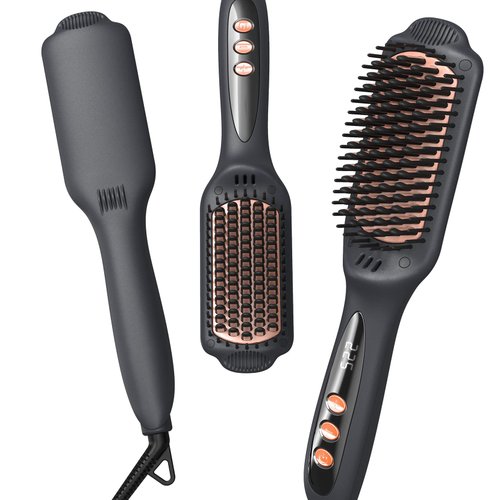 LANDOT Hair Straightening Brush Straightener: Negative Ion Ceramic Heated Hot Brush for Smooth Frizz-Free Hair - Dual Voltage 100-240V & 12 Temp Settings 250°F to 450°F