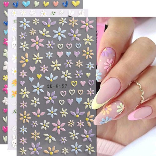 3 Sheets Flower Art Stickers 5D Spring Daisy Nail Art Designs Self Adhesive Nail Supplies White Yellow Colorful Flower Nail Stickers for Women Nail Decoration