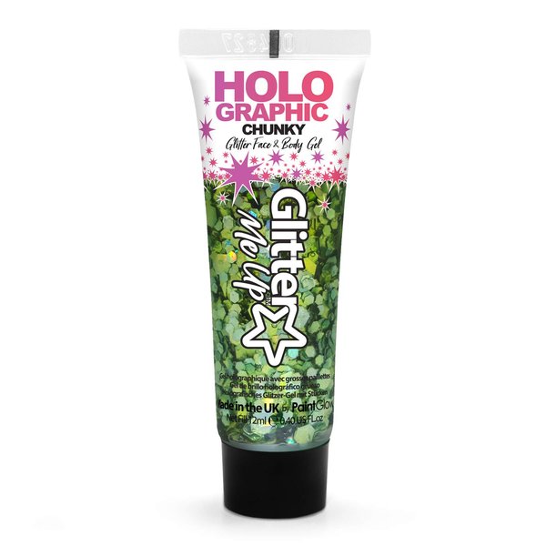 Holographic Chunky Glitter face and body gels 12ml by PaintGlow – Vegan Cosmetic face glitter, body glitter, hair glitter, pre-mixed in fix gel, glitter face gel, body glitter gels (Green Envy)