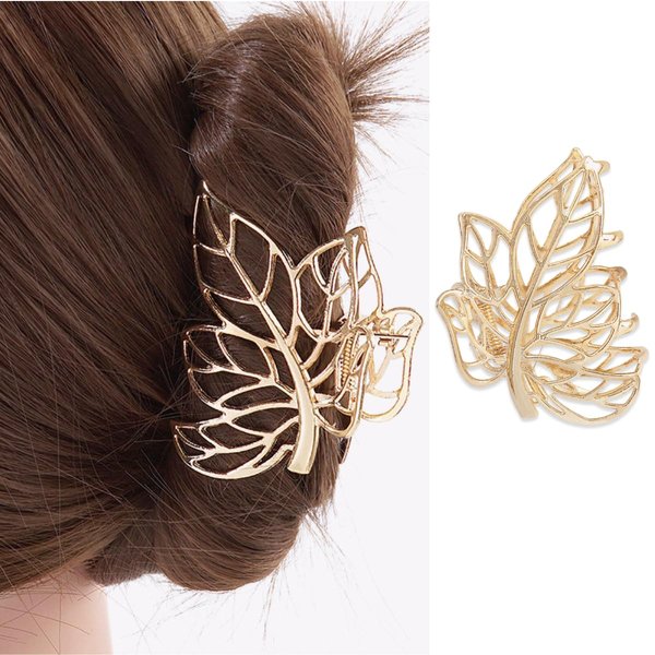 Gold Hair Clips for Women - Metal Hair Claw Clips for Thin Hair, Hollow Out Leaves Shaped Fall Thanksgiving Barrettes for Styling, Nonslip Hair Accessories with Design Hair Clamp, 1PCS