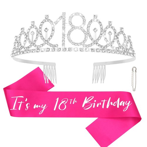CAVETEE 18th Birthday Crown for Girls, 18th Birthday Tiara and Sash Set for Women It's 18th My Birthday Sash Rhinestone Crown, 18th Birthday Party Decorations, 18 Birthday Decorations for Girls