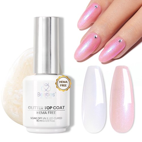 Bettles 15ml Hema Free Glitter Top Coat Gel Polish, Shimmer-Like Gel Nail Polish No Wipe Top Coat Sparkly Long Lasting, Soak Off U V LED Pearl Finish Top Coat Nail Art Manicure Gifts for Women