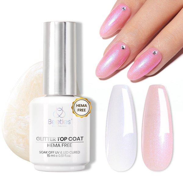 Bettles 15ml Hema Free Glitter Top Coat Gel Polish, Shimmer-Like Gel Nail Polish No Wipe Top Coat Sparkly Long Lasting, Soak Off U V LED Pearl Finish Top Coat Nail Art Manicure Gifts for Women