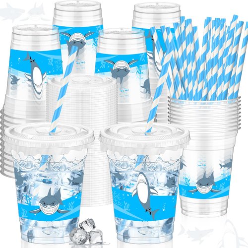 Teenyyou 50 Pcs Party Cups 12 oz Disposable Plastic Cups with Straws, Lids and Leakproof Paper Clear Cup Birthday Cups Supplies Birthday Table Decorations Party Favor (Blue,Shark)