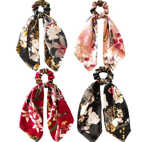 Paisley Silk Hair Scarf Scrunchies, Ribbon Bow Scrunchie with tail, Flower Printed Hair Ribbon Ti...