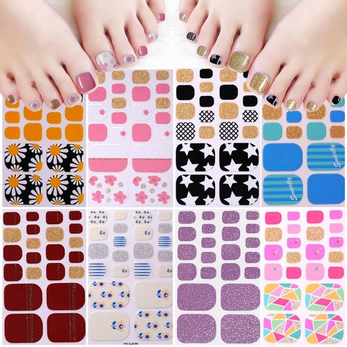 8Sheets Toe Nail Stickers Glitter Toe Nail Polish Strips Self Adhesive Multicolored Gel Nail Stickers Full Nail Wraps Spring Summer Design Semi Cured Toenail Gel Strips Stickers DIY Manicure for Women