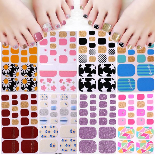 8Sheets Toe Nail Stickers Glitter Toe Nail Polish Strips Self Adhesive Multicolored Gel Nail Stickers Full Nail Wraps Spring Summer Design Semi Cured Toenail Gel Strips Stickers DIY Manicure for Women