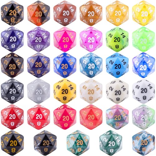 AUSTOR 35 Pieces Polyhedral Dice 20 Sided Game Dice Set Mixed Color 20 Sides Dice Assortment with a Black Velvet Storage Bag for DND RPG MTG Table Games