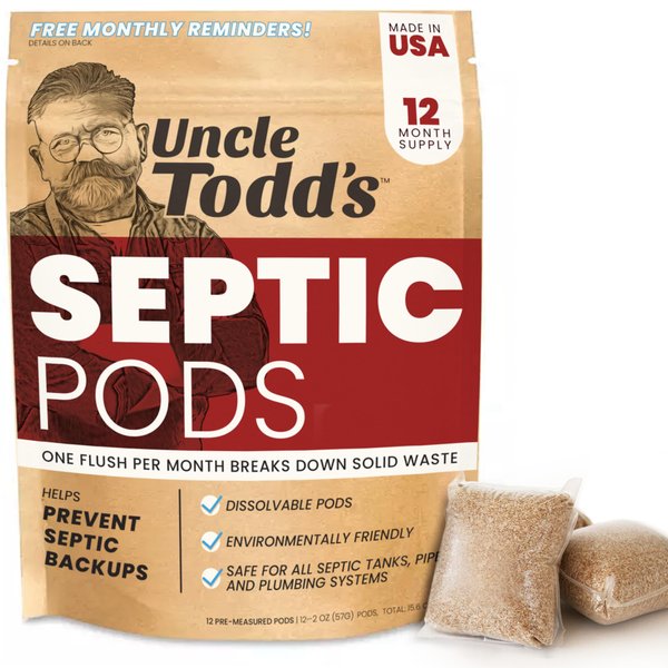 Uncle Todd's Septic Pods - Septic Tank Treatment - 12 Count One Year Supply - One Flush per Month - Free SMS & Email Reminders - Eco-Friendly and Powerful Solution for Septic Systems