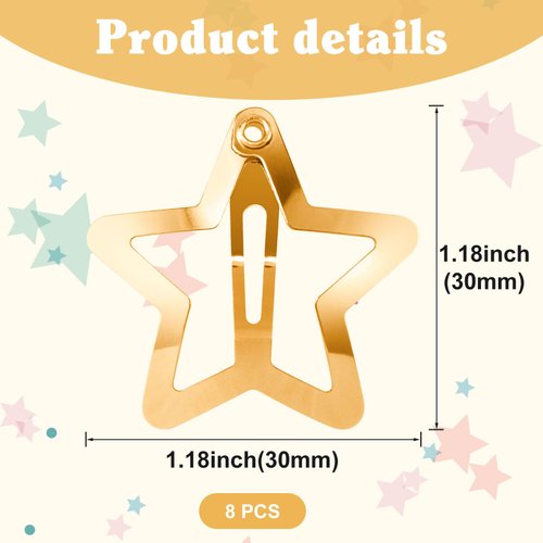 HINZIC 8PCS 1inch Gold Star Hair Clips 30mm Metal Snap Barrettes Non Slip Cute Wedding Festival Halloween Christmas Hair Accessories for Women