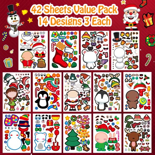 Aowplc Christmas Stickers 42 Sheets Make a Face Stickers for Kids Christmas Crafts Activities Games Party Favors Supplies