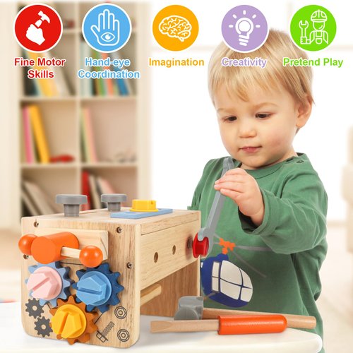 Vextronic Kids Tool Set, 38 PCS Wooden Montessori Toy Tools for Toddlers 1 2 3 4 5 6 with Tool Bench/Box, Play Toddler Tool Set, Educational STEM Construction Christmas Birthday Gift for Boys Girls