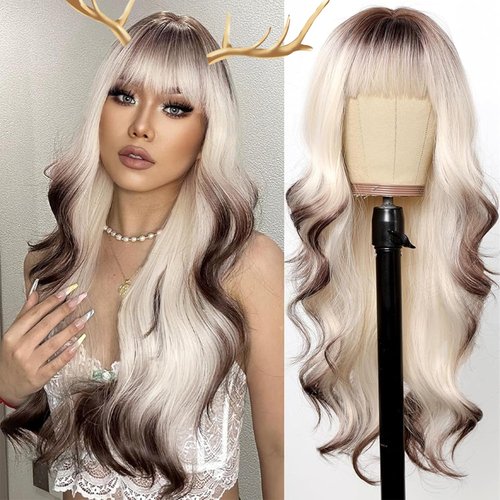 testar Long Platinum Blonde Wavy Wigs For White Women 26 Inch Brown and White Wigs with Bangs Synthetic Blonde Curly Wigs For Daily Party Use Hair Replacement Halloween Wigs