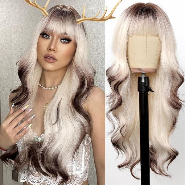 testar Long Platinum Blonde Wavy Wigs For White Women 26 Inch Brown and White Wigs with Bangs Synthetic Blonde Curly Wigs For Daily Party Use Hair Replacement Halloween Wigs